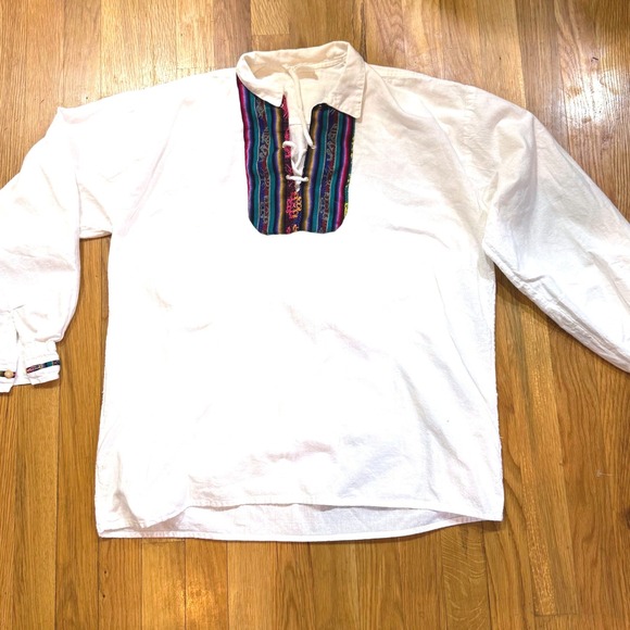 Vintage Ecuador Cotton Woven Shirt Andean Ethnic Lace Up Unisex Bohemian Sz L - Picture 2 of 7